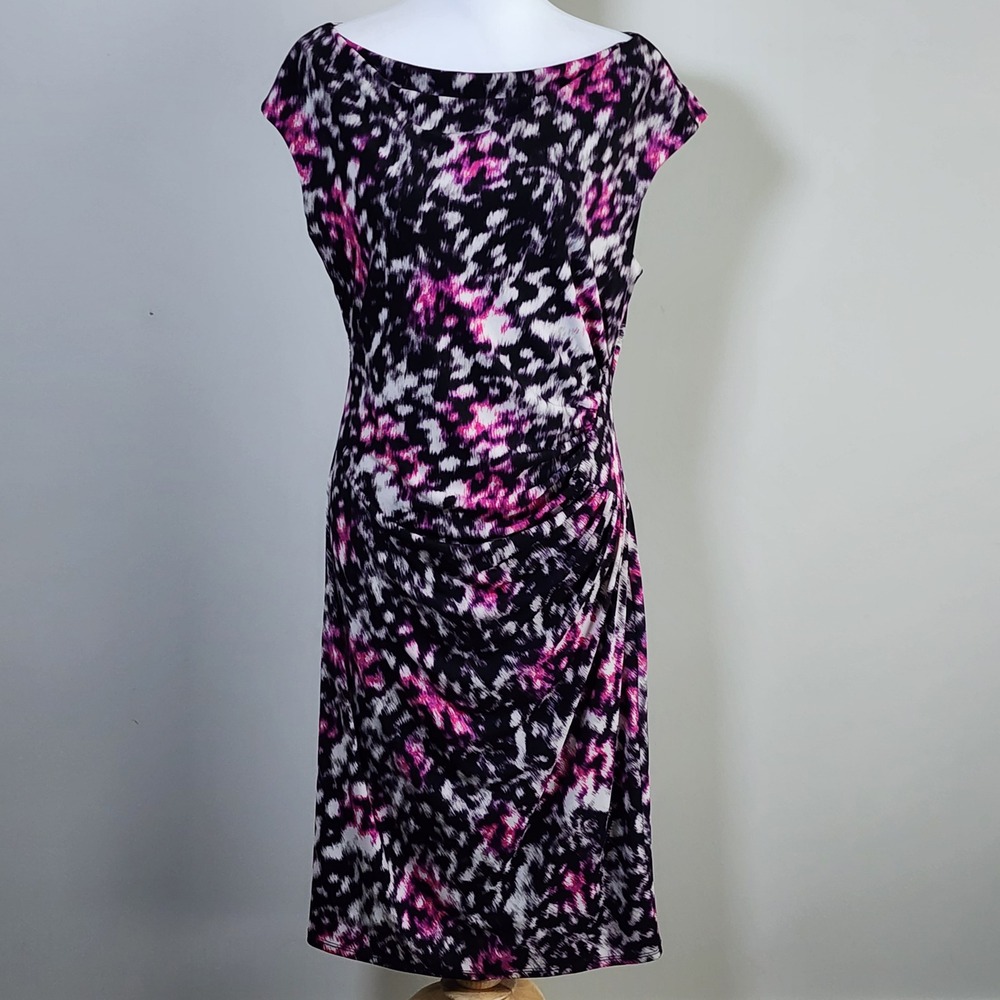 Planet Ruched Sheath Dress Womens 12 Pink Black Abstract Sleeveless Stretch Chic